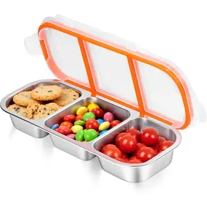 Stainless Steel Snack Containers - Reusable 3 Compartment Condiment Box, Grab and Go Divided Snack Food Storage Containers Sauce Cups for School, Travel