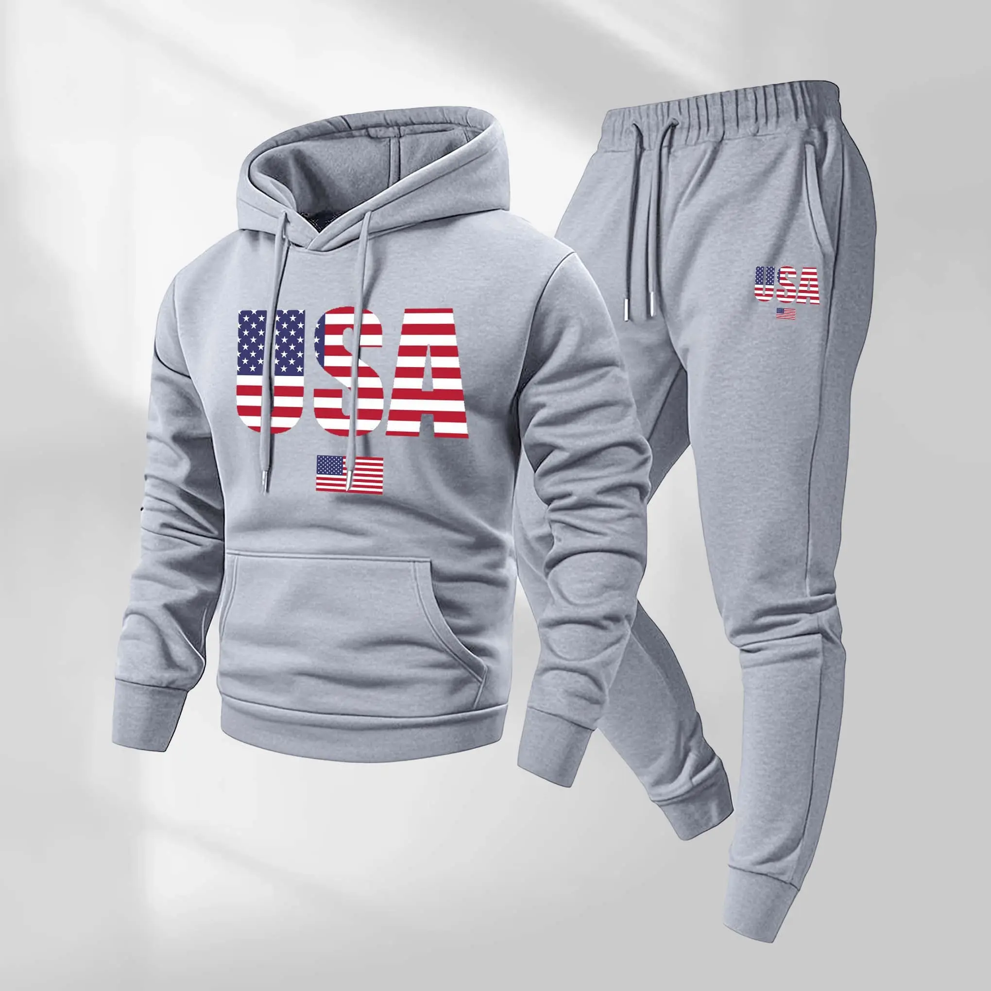 Men's 2-Piece Retro USA Flag Patterned Hoodie & Drawstring Track Pants, Workout Set, Athletic Activewear Tracksuit, Streetwear Mensfashion Loungewear for Fall Winter Casual Indoor Outdoor Use