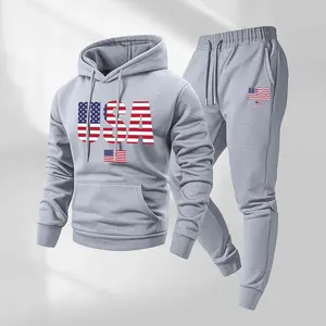 Men's Retro USA Flag Patterned Hoodie & Drawstring Track Pants Set Casual Athletic Long-Sleeved Hooded Jacket & Pants for Fall Winter Street Style Everyday Wear Indoor Outdoor Sportswear