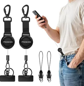 MoKo Anti-theft Phone Tether, Phone Lanyard & Keychain Retractable Steel Line Cellphone Strap with Locking Carabiner and Metal 360° Tether Tab for Outdoor Skiing Hiking Climbing Fishing, Black