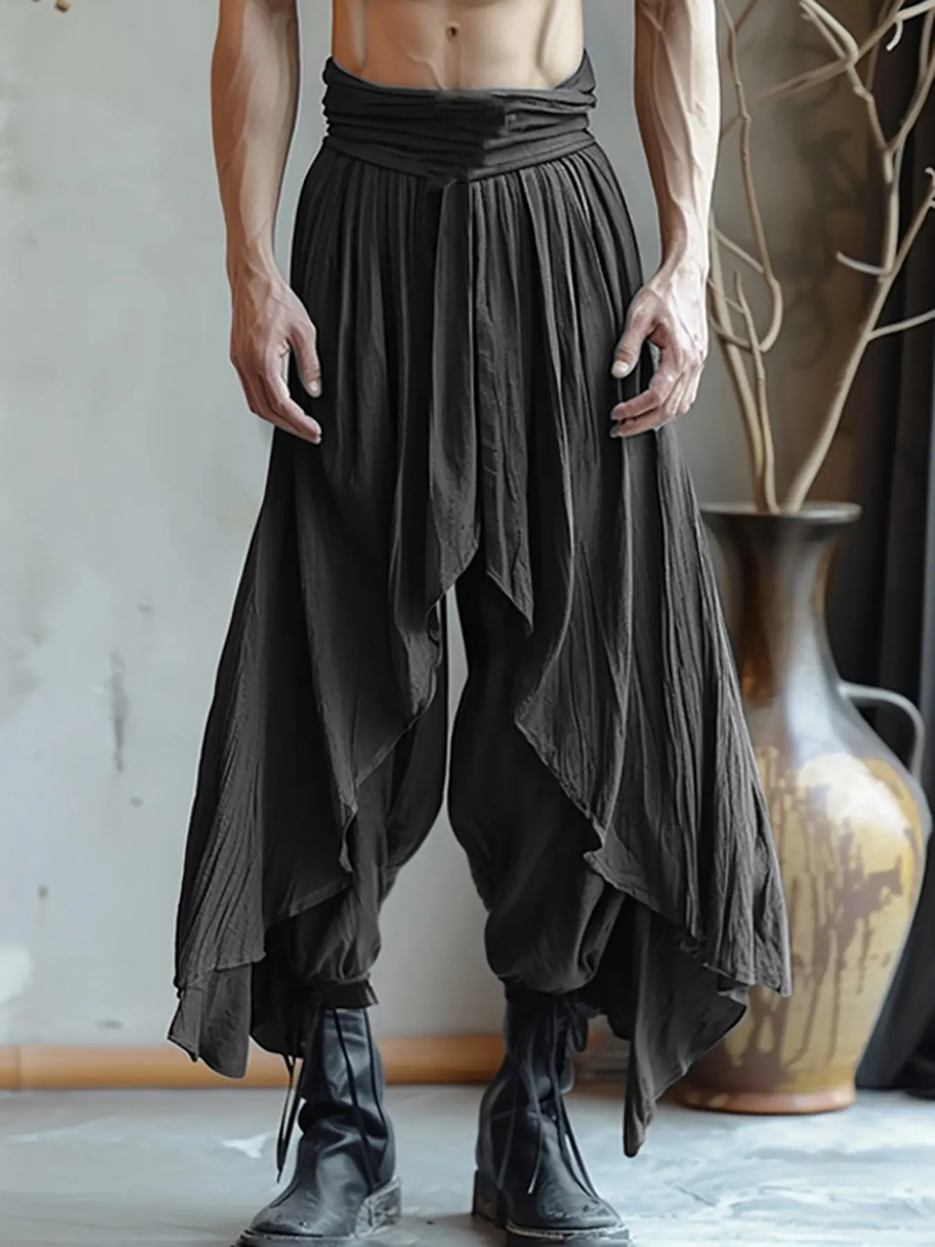 INCERUN Men's Solid Color Long Harem Pant Causal Solid Trousers Ruffle Pantalons American Style Fashion Oversize Streetwear Workwear Casual Loose Elastic All Purpose Pants