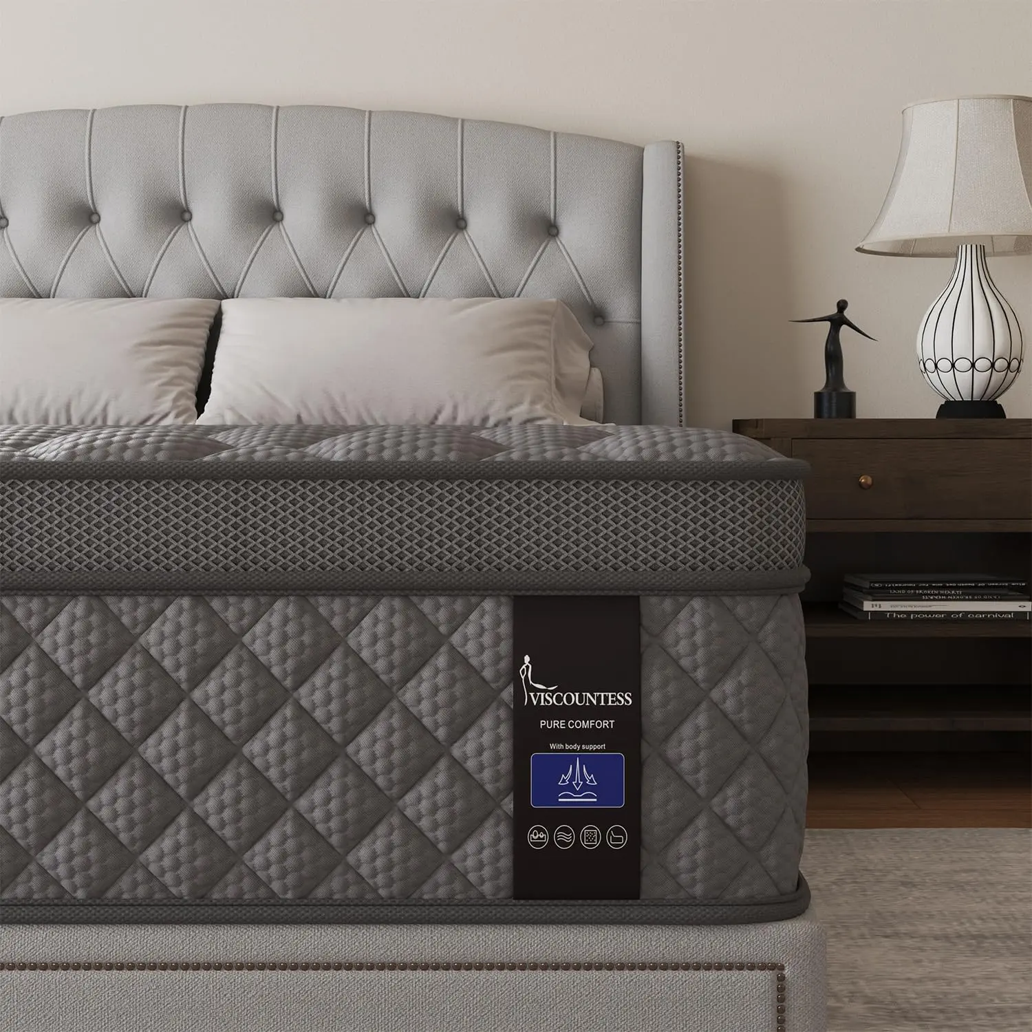 Full Mattress, 10 Inch Euro Top Mattress Grey Hybrid Medium Firm for Back & Lumbar Support, 100 Night Trial, Individual Pocket Spring for Motion Isolation & Pressure Relief