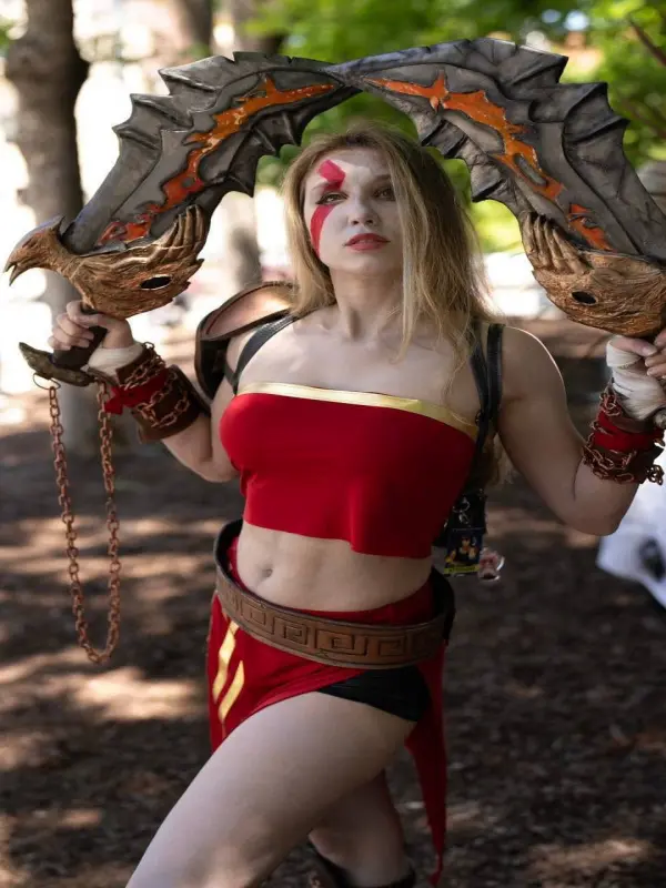 Kratos God of War Costumes for Women, Complete Foam Cosplay Clothes Set with Armor, Top, Skirt, Belt, 3D Chains & 2 LED Blades of Chaos, Accessories, Swords