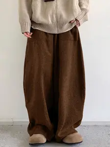 Men's Solid Color Drawstring Waist Corduroy Pants, Casual Lounge Pants, High Stretch Loose Casual Comfy Pocket Wide Leg Trousers for Daily Wear, Men's Bottoms for All Seasons