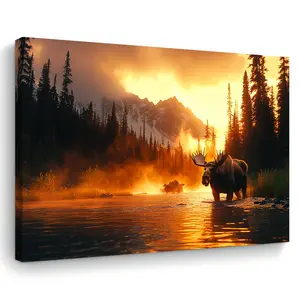Artistic Dusk Elk Plaid Canvas Wall Artwork - 11.8"x15.7" Wooden Framed Print, Decorative Hanging Home Decor for Living Room, Bedroom - Ideal Christmas Gift