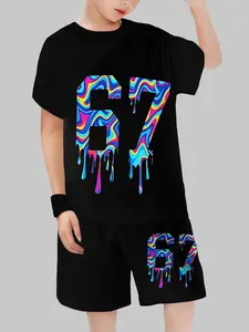 Trendy Base Number 87 Cool Set! Vibrant Number Short Sleeve + Shorts, Unique Style Super Eye-Catching, Casual Fitted Look