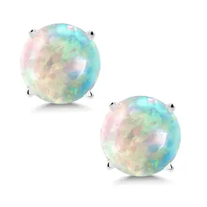 14K White Gold White Simulated Opal Stud Earrings For Women Men (0.60 Cttw, Round Cabochon 6MM)