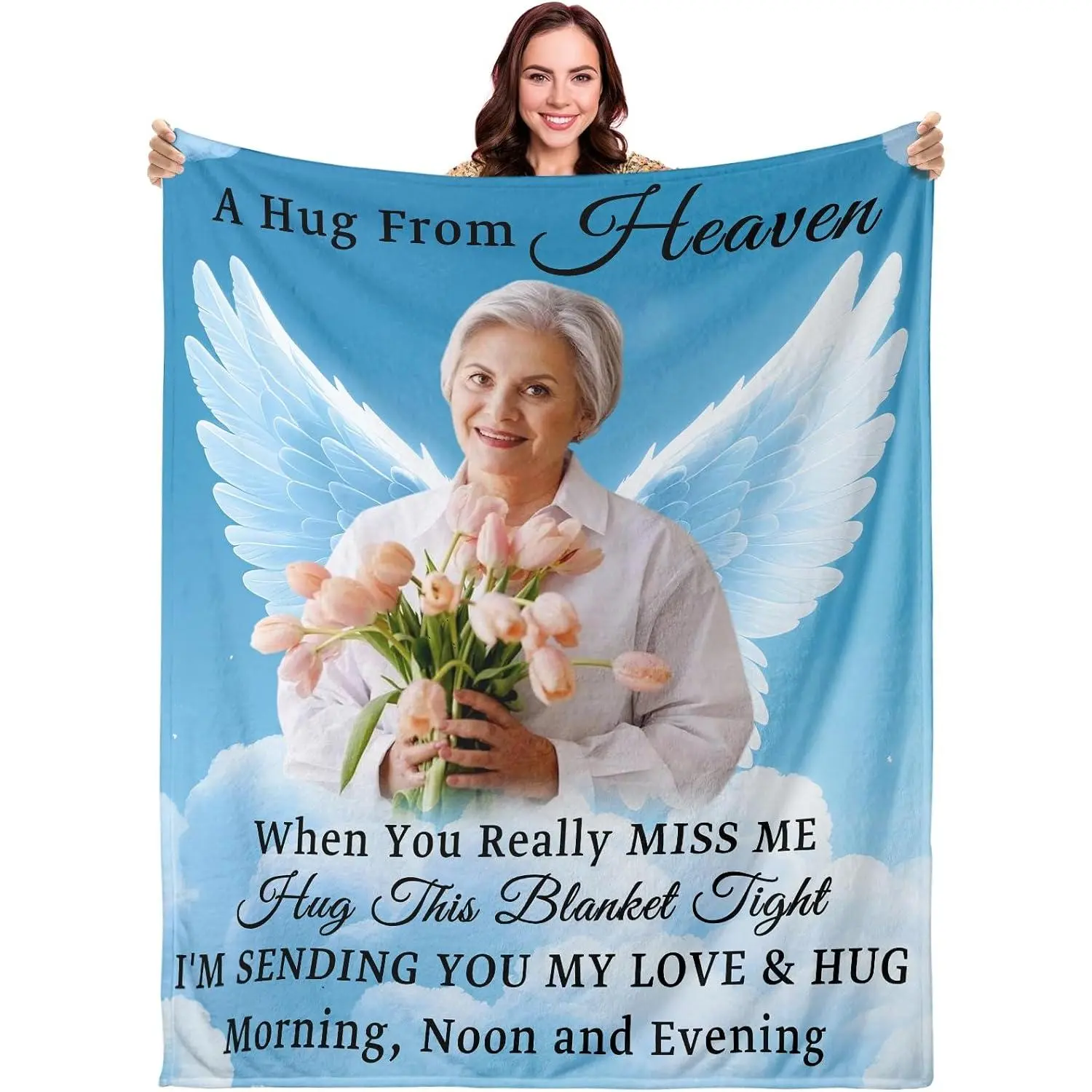 Custom Sympathy Blanket with Photo - Personalized Memorial Blanket for Departed Loss of Loved One in Loving Memory Bereavement Grief Gifts for Dad Mom Husband Wife Friend Women Men (Cloud and Wing)