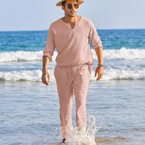 COOFANDY Men's 2 Pieces Cotton Linen Set Henley Shirt Long Sleeve and Casual Beach Pants Summer Yoga Outfits Menswear Clothing