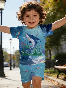 Deep-sea shark digital print short-sleeve set for infants and toddlers, casual kids' clothing, T-shirt suitable for daily and outdoor sports. Made of 100% polyester, a perfect gift for infants and young children!