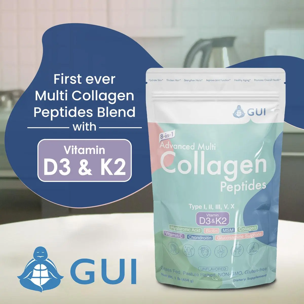 Guiwellness - 8-in-1 Advanced Multi Collagen Peptides -  Hydrolyzed Type I, II, III, V, X Collagen Peptides, Vitamin D3 & K2