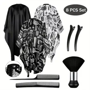 Classic Style 8pcs Salon Barber Capes Set with Adjustable Snap Closure Neck Duster Brush Clips Combs for Men's Hair Stylist Hair Cutting Hairdresser Stylists Heatless Haircare