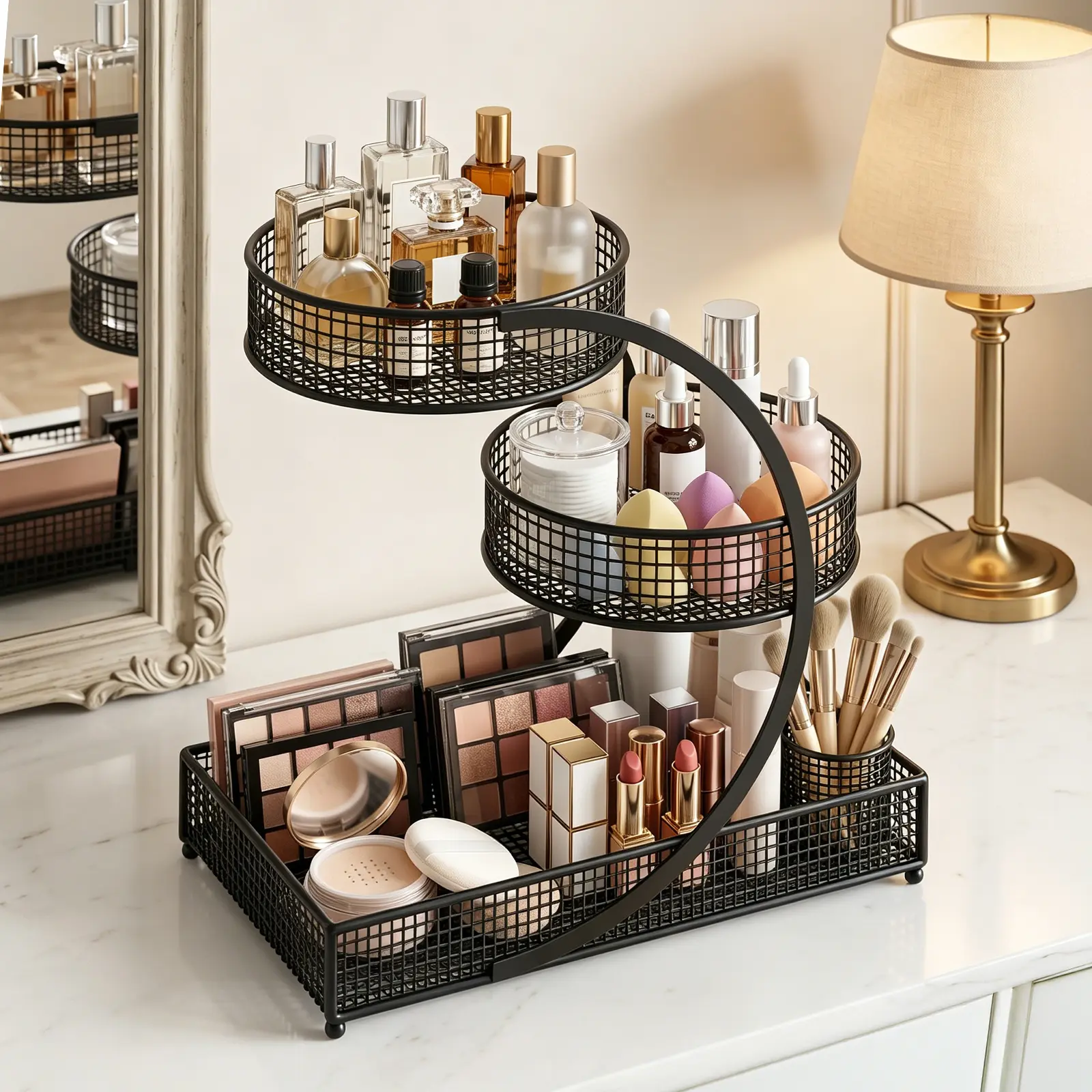 LOVEWE 3-Tier Makeup Storage Organizer, Rustproof Metal Cosmetics Rack with Mesh Baskets & Divided Tray for Eyeshadow Palette, Lipstick & Beauty Tools, Vanity & Bathroom Beauty Storage, Black