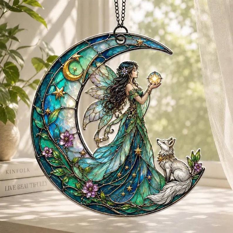 Fairy and Fox Crescent Moon Suncatcher Fantasy Stained Glass Style Acrylic Window Hanging Art Ethereal Home Decor Ornament Unique Gift for Magic Lovers Whimsical Room Aesthetic Sunlight Catcher