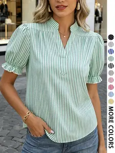 Summer French Striped Shirt for Women, Stand Collar V Neck Bubble Sleeve, Short Sleeve Top, Multiple Colors, Spring Summer Commute Style