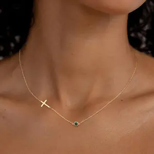 Birthstone Cross Necklace for Women 14k Gold Plated Cross Pendant Necklace Christmas Gift for Women with Elegant Design