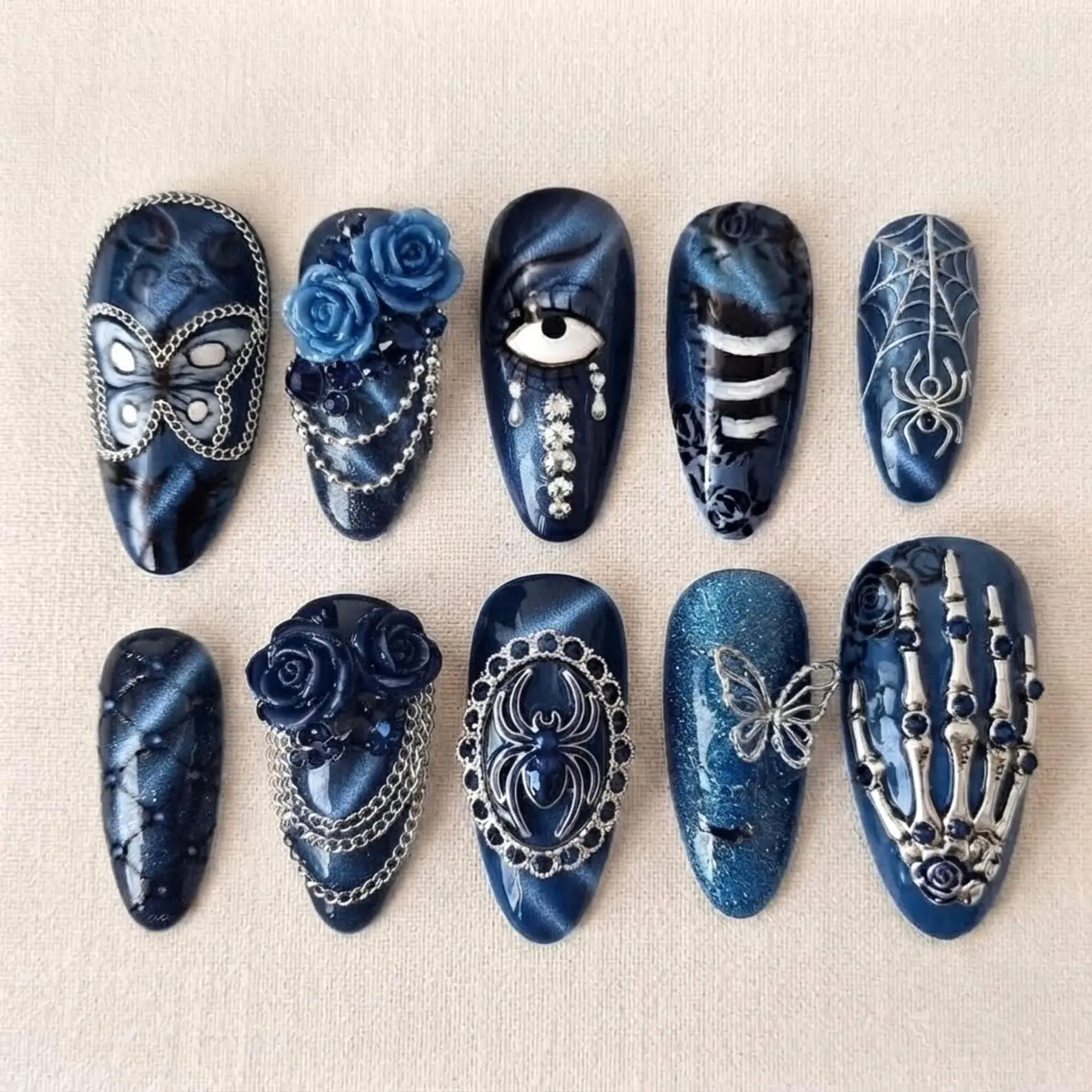 Corpse Bride Press on Nails, Gothic Wedding Nail Art, 3D Blue Fake Nails, Dark Romantic Nails, Halloween Aesthetic, Handmade Luxury Set