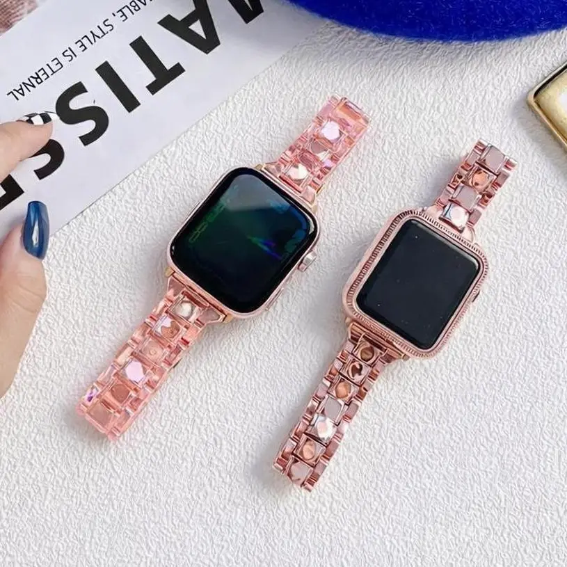 Pink Acrylic Link Band for Apple Watch - Elegant Transparent Strap with Stainless Steel Butterfly Clasp & Free Link Removal Tool Compatible with 42mm/44mm/45mm//46mm/49mm Models Wearable Device