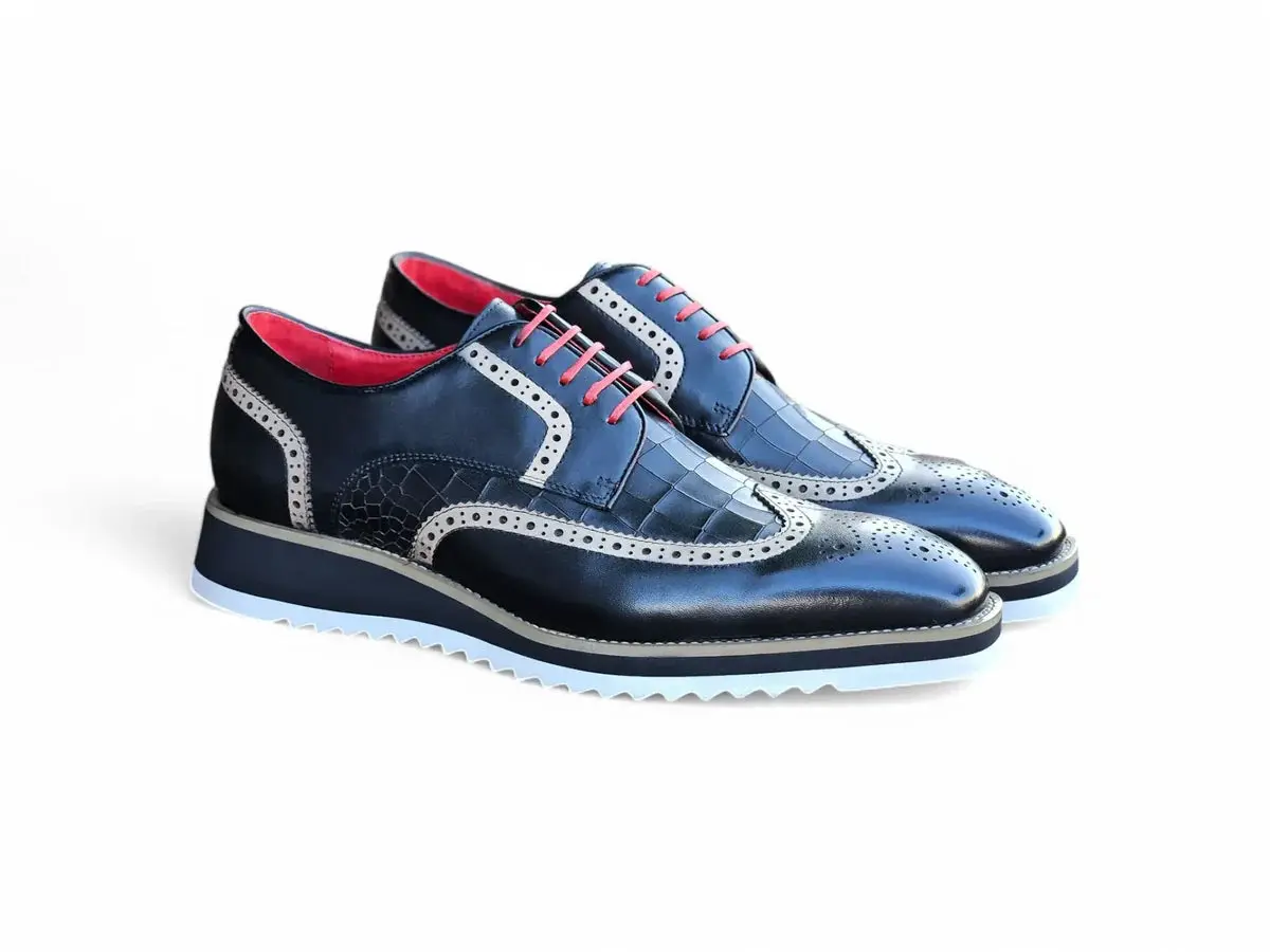 Men's Classic Oxford Dress Shoes - Croco Embossed Calfskin Leather, Lightweight Lace-up Footwear with Toe Medallion, Shoe