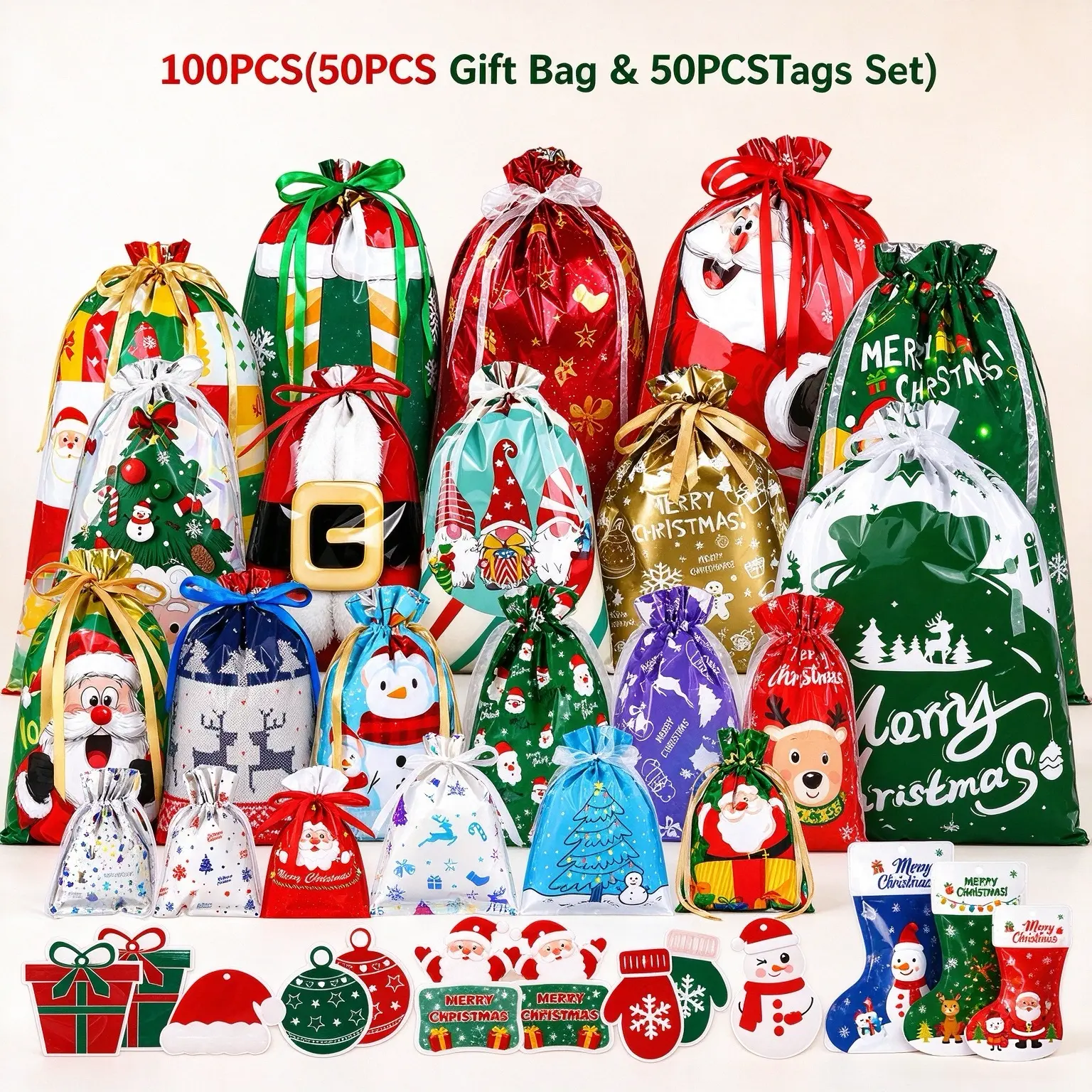 100Pcs Christmas Drawstring Gift Bags with Gift Tags - Party Favor Snack Bags, Holiday Goodie Pouches for Candy, Small Presents, Party Favor Snack Bag