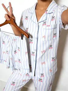 Women's Sleepwear Three-Piece Set, Short Sleeve + Shorts + Long Pants, Blue Striped Bow Cherry Print, Casual Slim Fit, All Seasons, Pajama Set, Pjs, Pyjamas, Loungewear, Womenswear
