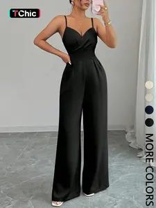 Women's Sleeveless Jumpsuit, Cross V-Neck Wide Leg Pleated Waist, Thin Transparent Summer, Fashionable, Chic and Comfortable