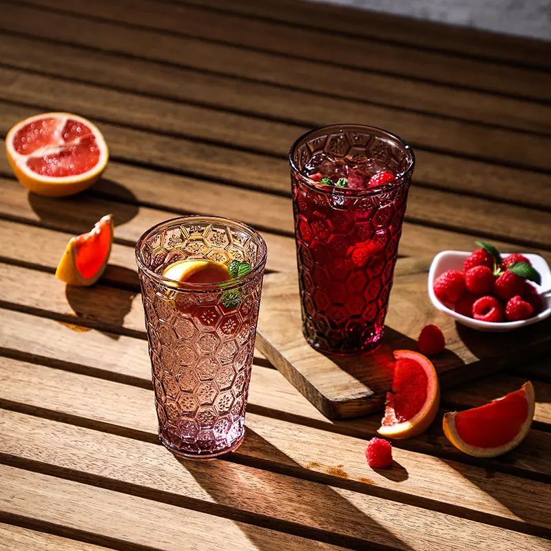 Hexagon embossed tall colored glass drinking cups thick textured transparent tumbler set vintage honeycomb pattern glassware dishwasher safe for iced tea cocktail fruit juice soda water daily home bar picnic outdoor party drinkware