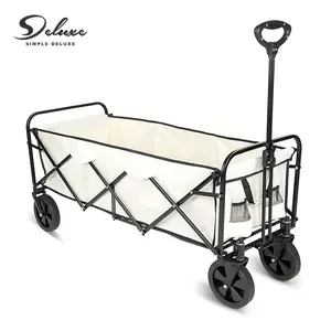 Extended Folding Utility Wagon, 330LBS Heavy Loaded Collapsible Garden Cart With Anti-Slip Wheels, Adjustable Handle And Side Pockets, Large, White, X-Large