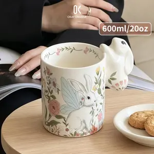 600ml Large Aesthetic Rabbit Ceramic Mug | 3D Cute Bunny Handle Coffee Cup | 20oz Cottagecore Floral Tea Mug | Unique Fairy Gift for Her