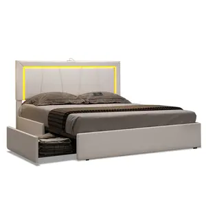 Sikaic Faux Leather LED Bed Frame with Adjustable Headboard White Modern Bed Frame with 4 Under Bed Storage Drawers, Charging Station, No Box Spring Needed and Squeak Resistant