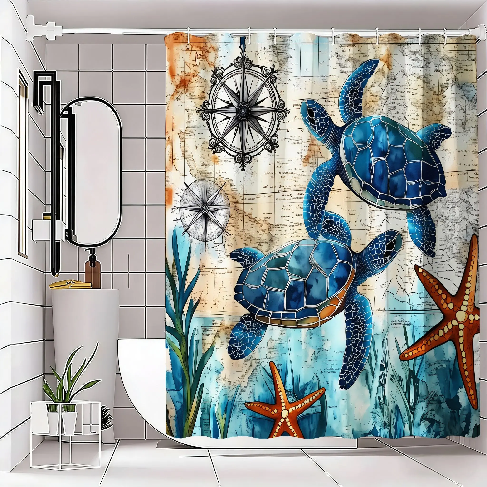 Nautical-Themed Shower Curtain, Antique World Map Design, Vibrant Sea Turtles, Starfish, Stylized Seaweed, Summer Beach Decor
