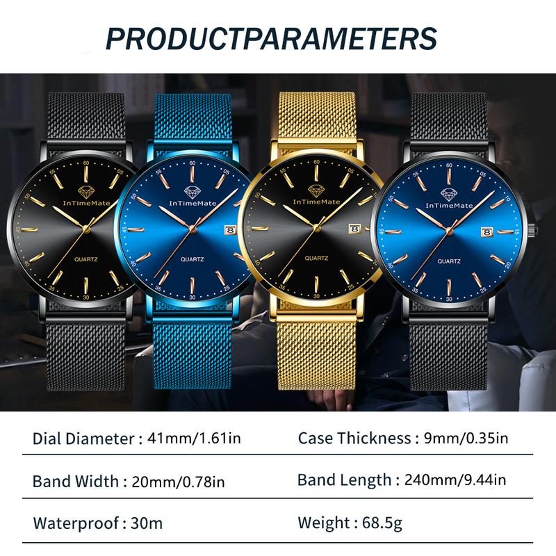 INTIMEMATE Ultra-thin Men's Watch; Stainless Steel Men's Watch; Casual Men's Watch; Business Formal Men's Watch; Lumcent Watch; Waterproof Men's Watch Black Dial