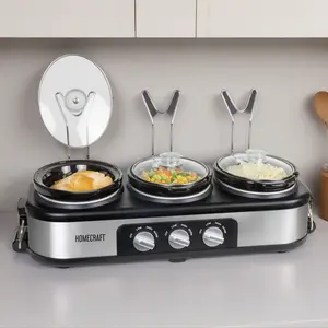 HomeCraft 3-Station 1.5-Quart Oval Slow Cooker Buffet, Stainless Steel