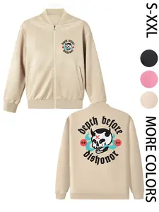 Women's Hoodless Bomber Jacket with "Death Before Dishonor" (Punk Style Version) Print, Lightweight Zip-Up Jacket, American Street Style Print Design, Suitable for All Seasons, Casual & Street Style