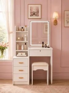 Cream White LED Smart Mirror Dressing Table with Multi-tier Side Shelf, Three-drawer Storage Cabinet, and Soft-padded Stool for Small Home Spaces