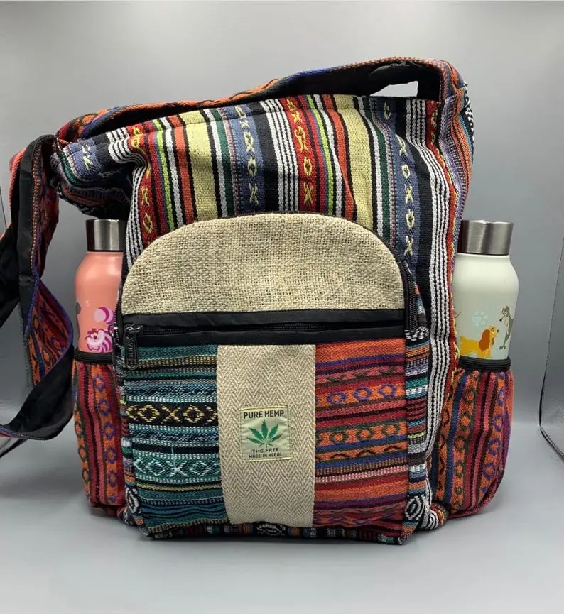 Large Hemp & Cotton Crossbody Shoulder Messenger Hobo Beach Festival Travel Market Hiking School Bag Purse Travel Gift Gifts