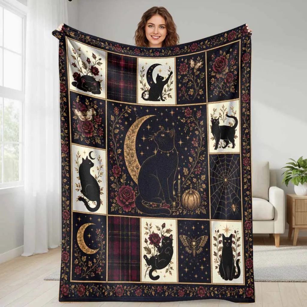 Mystical Gothic Cat Flannel Blanket - Lightweight Weave, Crescent Moon Floral Rose Print, Multi-Size, Super Soft Cozy Home Throw, Bedroom & Living Room Decor, Halloween Gift