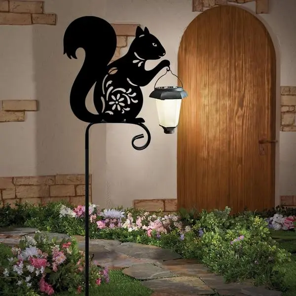 Metal Squirrel Garden Stake, Solar Lights Outdoor Solar-Powered with Lantern-Outdoor Waterproof Pathway and Garden Decorations (Black Squirrel)