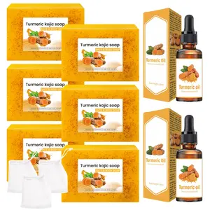 Turmeric Lemon Brightening Gentle Cleansing Soap & Turmeric Oil Set, Includes Soap Bubble Net, Moisturizing Hydrating Moisturizer Skincare Cleanser Kit for Face & Body, Body Cleansers