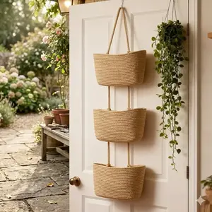 Baby Shower Gift for New Parents, 3-Tier Over the Door Hanging Basket, Woven Cotton & Jute Nursery Organizer, Boho Wall Storage for Diapers, Toys, Clothes, Decorative Shelf Basket for Baby Room, Unique Handmade Present