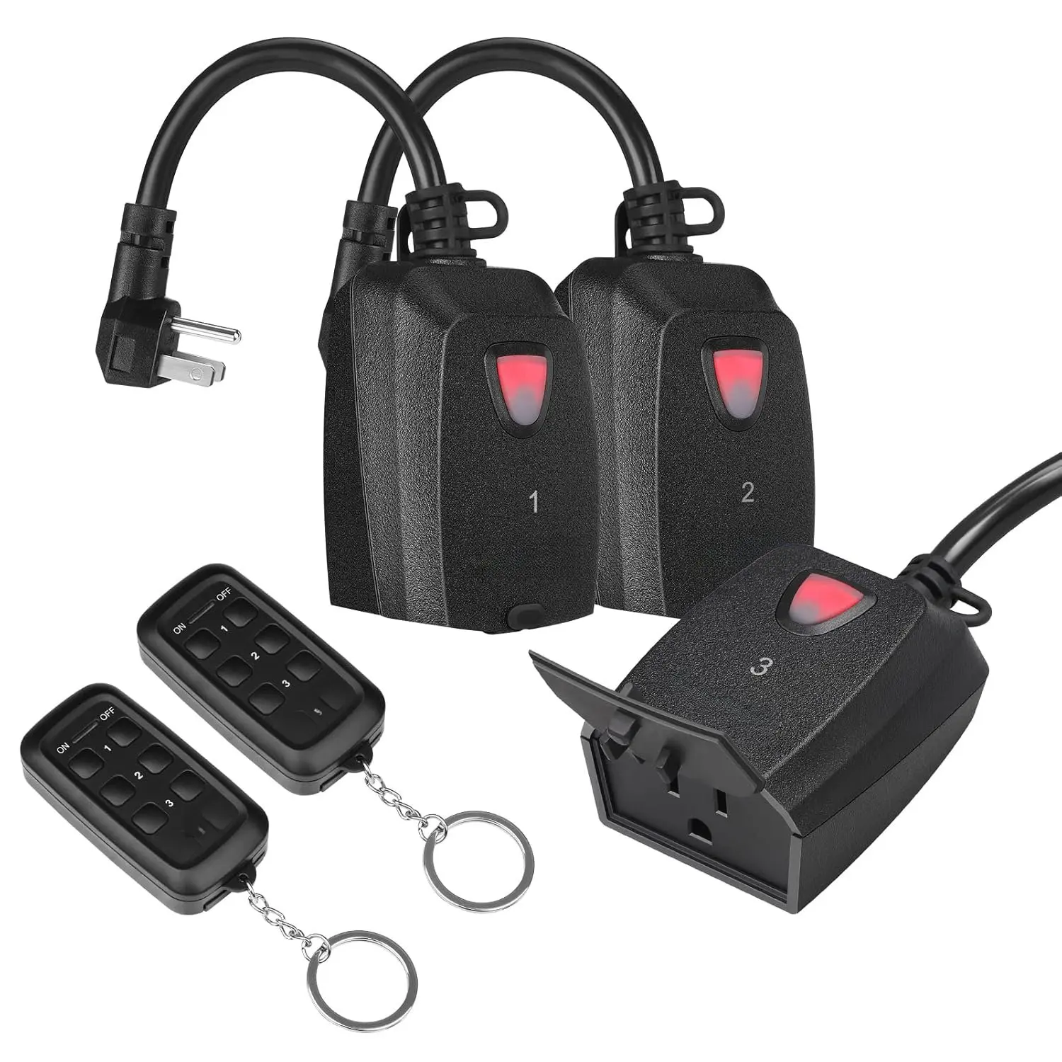 Outdoor Indoor  Remote Control Outlet with 2 Remotes, 3-Prong Remote Plug Weatherproof, 15A Heavy Duty, 100FT Range, Electrical Plug for Christmas Lights Lamp/Fans, ETL Listed
