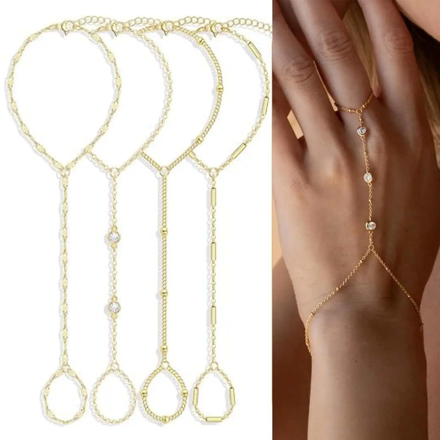 4 Pcs 14K Gold-Plated Hand Chain Bracelets for Women, Stack Bracelets Set Adjustable, Trendy Dainty Ring Bracelet Hand Chain - Home Improvement.
