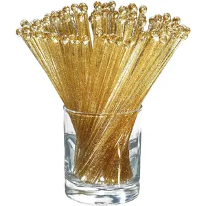 Ball Head Stirrer Disposible Plastic round Top Crystal Swizzle Sticks, Crystal Cake Pops, Cocktail Coffee Drink Stirrers 100 Pieces (Clear Gold Glitter) ABSOK