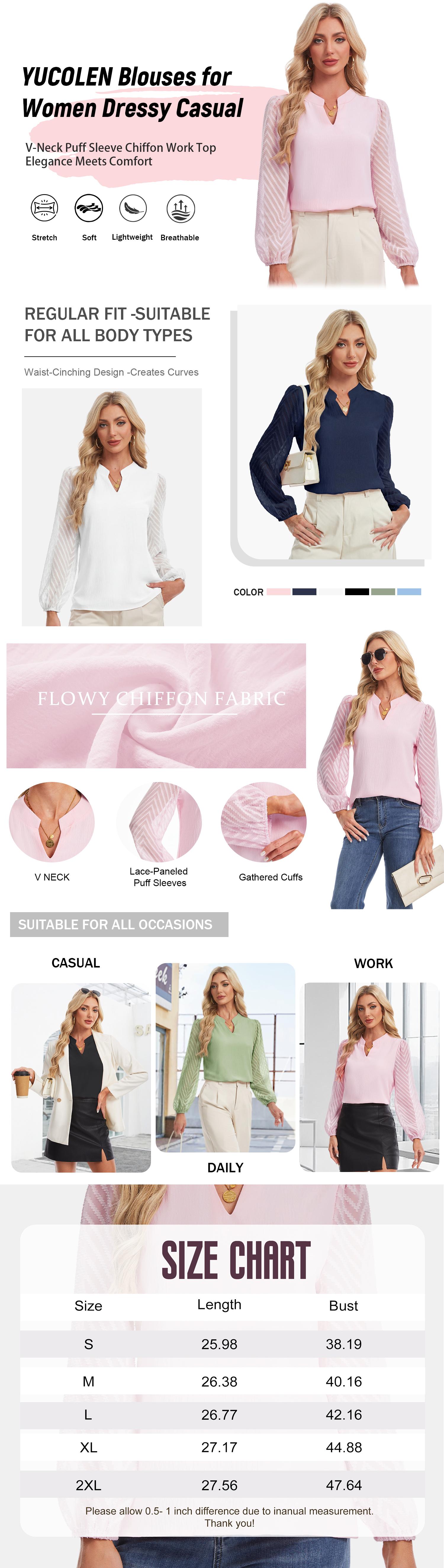 YUCOLEN Blouses for Women Dressy Casual Long Sleeve Chiffon Top V-Neck Puff Sleeve Work tops for Women Business