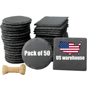 Pack of 50pcs 4 Inch Black Slate Stone Coasters with Anti-Scratch Bottom Black Marble Coaster for bar Laser Engraving Blanks