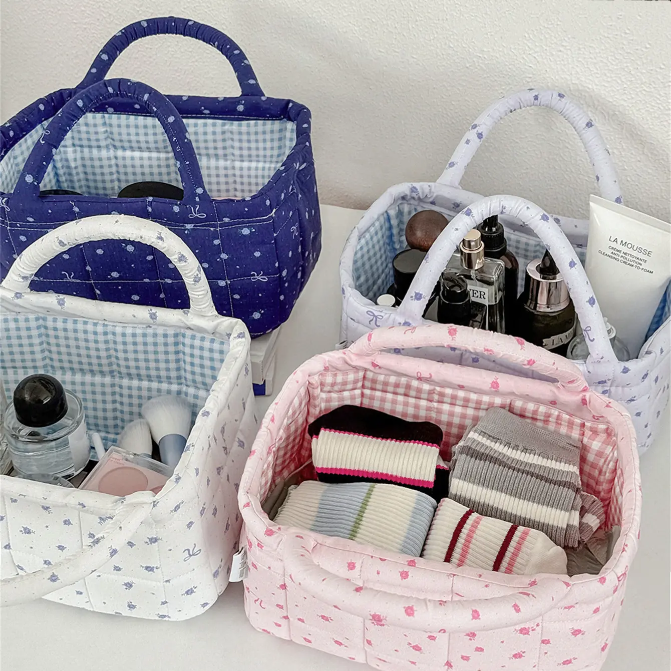 Cute Ditsy Floral Quilted Fabric Storage Basket with Handles, Coquette Bow Decor Organizer Bin, Large Capacity Portable Makeup & Laundry Tote Basket for Bedroom Dorm