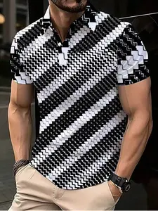 Men's Polo shirt Classic with black and white geometric zigzag pattern print, featuring a casual commuting style Summer Polo