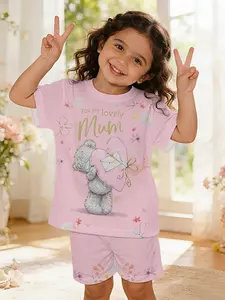 Little Bear Confesses Mommi Baby Girl's Digital Print 100% Polyester Baby Short-sleeve Set, a cute baby girl's casual outfit, suitable for daily and outdoor sports T-shirts, a gift for babies