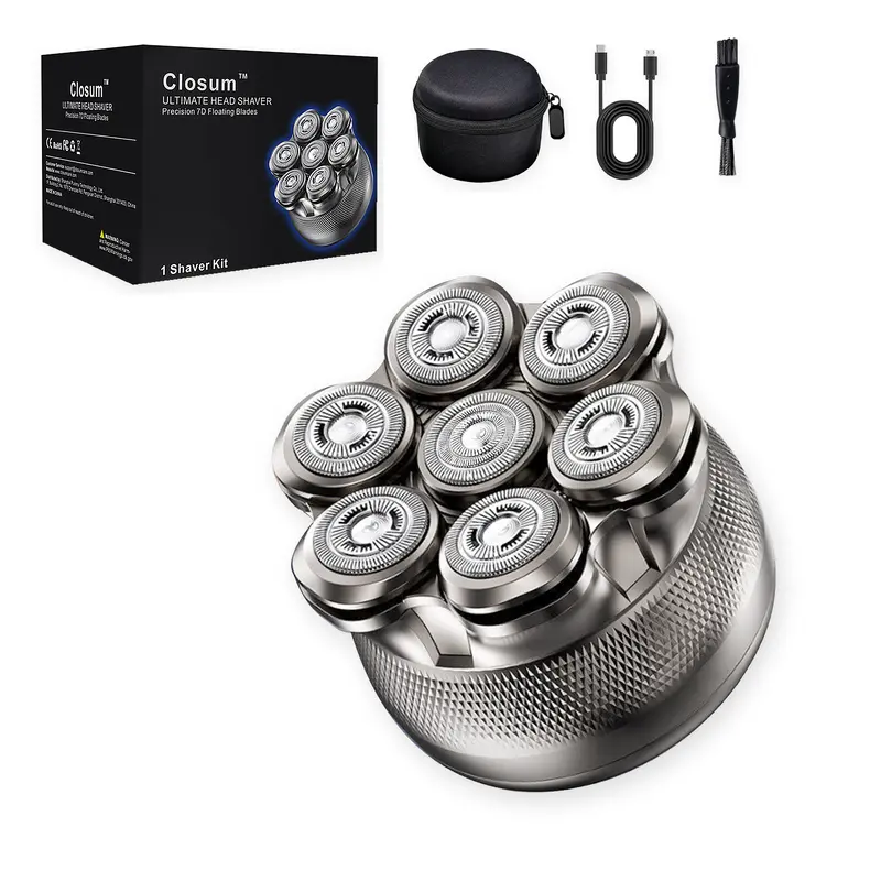 Closum 7D Electric Head Shaver for Bald Men, 2-Speed 360° Magnetic Rotary Head, IPX7 Waterproof Wet/Dry, USB-C Rechargeable, LED Battery Display, Upgraded Large Mesh, Oversized Hair Chamber, Stainless Steel Blades for a Smooth Shave