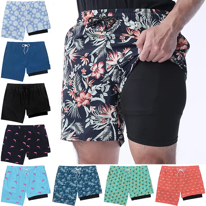 Men's 2-in-1 Swim Trunks with Compression Lining, Quick Dry 3D Print Above the Knee Shorts for Beach Outfits, Surfing, and Running, Swimsuits, Graphic